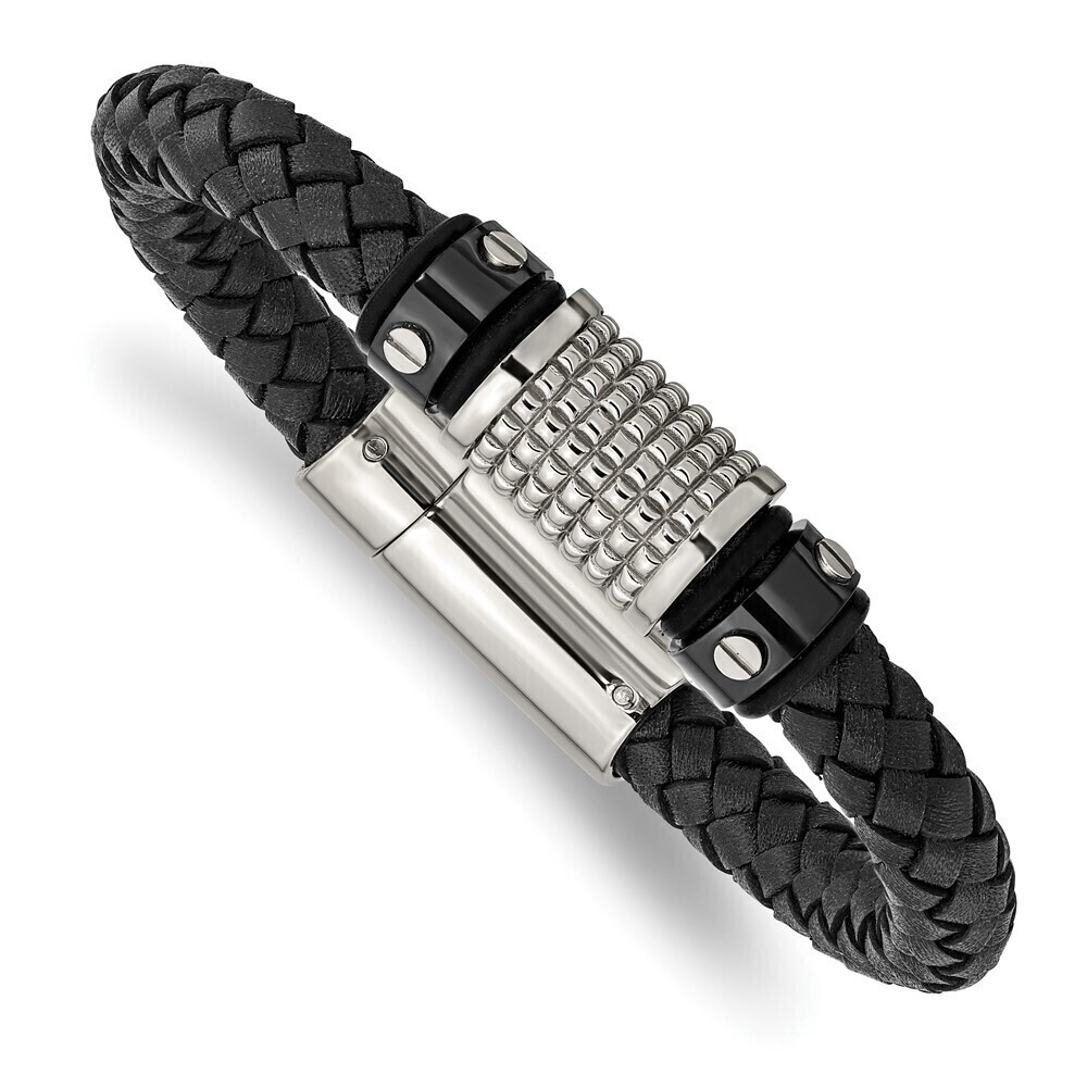 Kazi Luxury Stainless Steel Polished Black IP-plated Leather & Rubber Bracelet